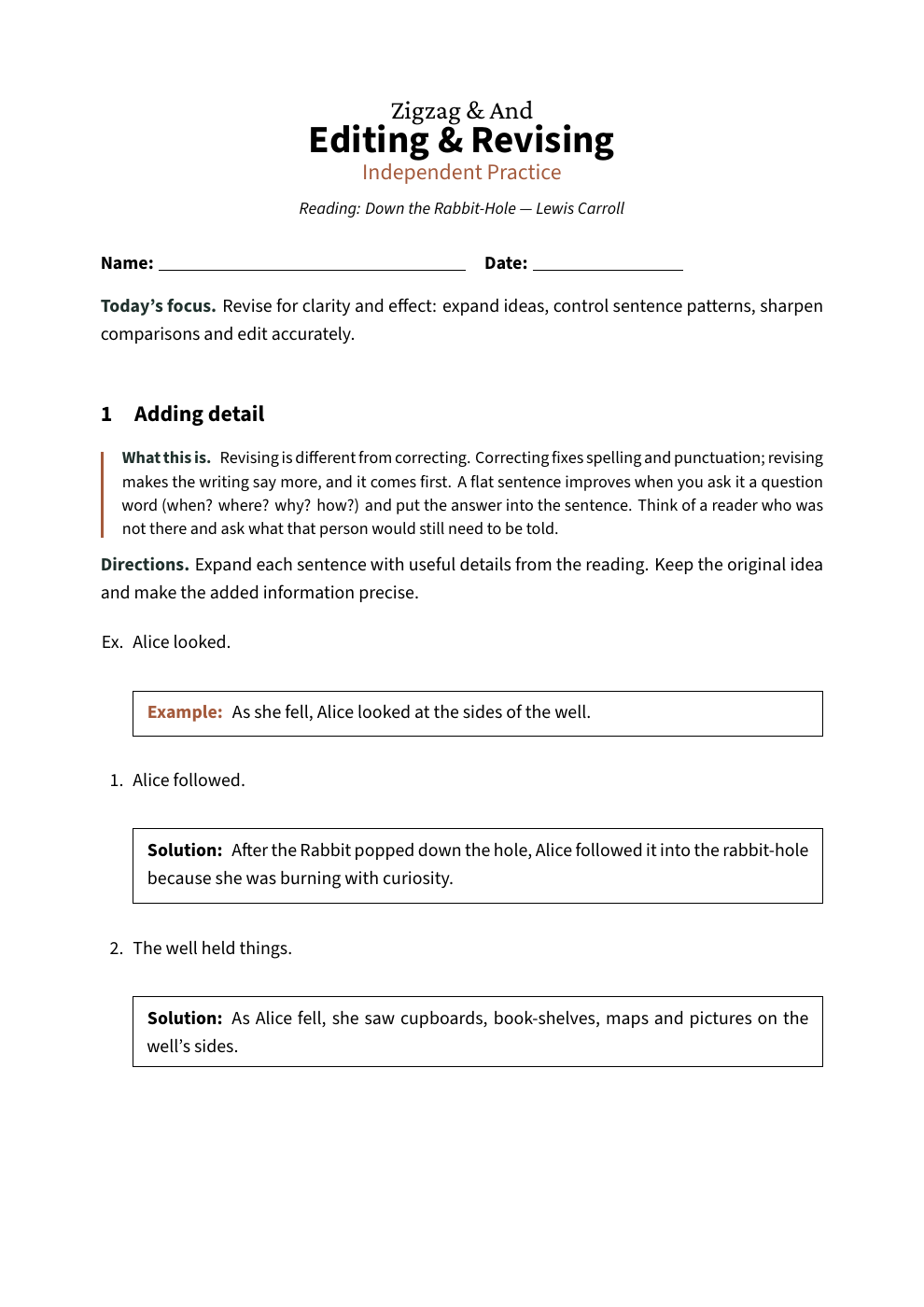 First answer page: Editing & Revising, Independent Practice