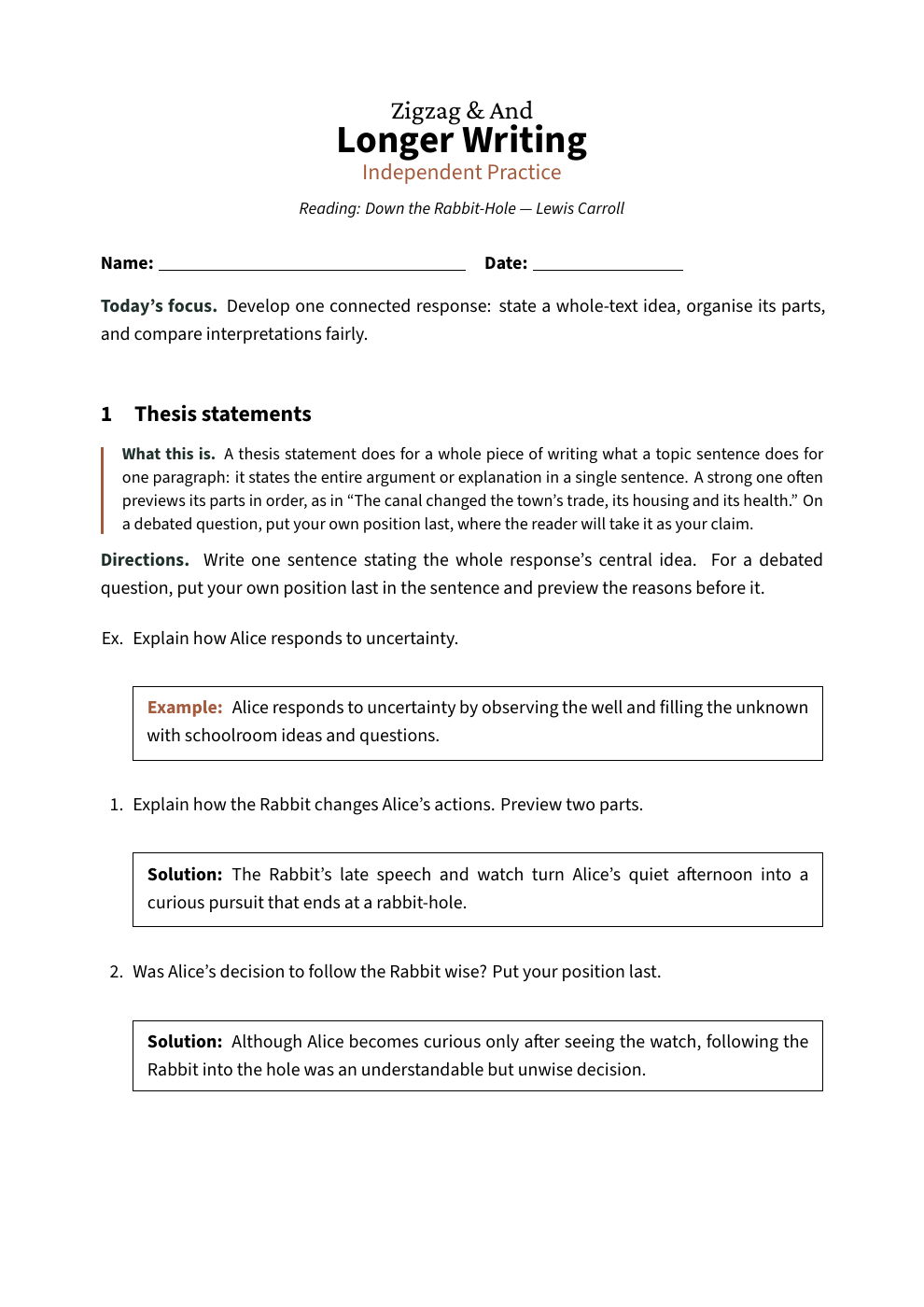 First answer page: Longer Writing, Independent Practice