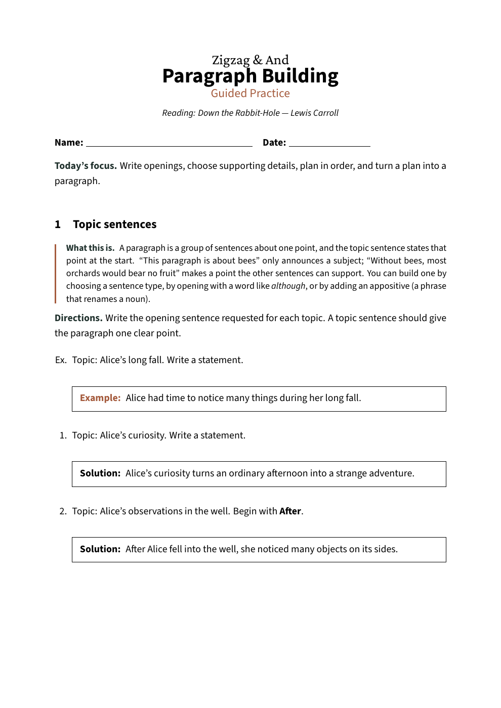 First answer page: Paragraph Building, Guided Practice