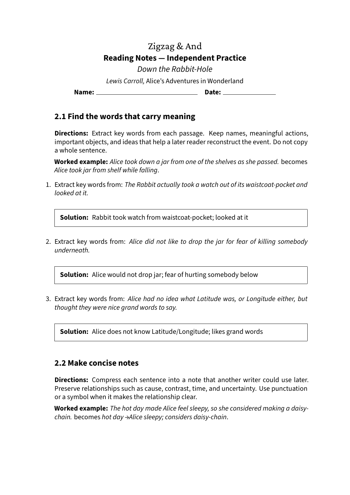 First answer page: Reading Notes, Independent Practice