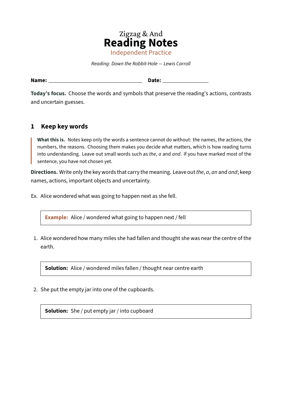 First answer page: Reading Notes, Independent Practice