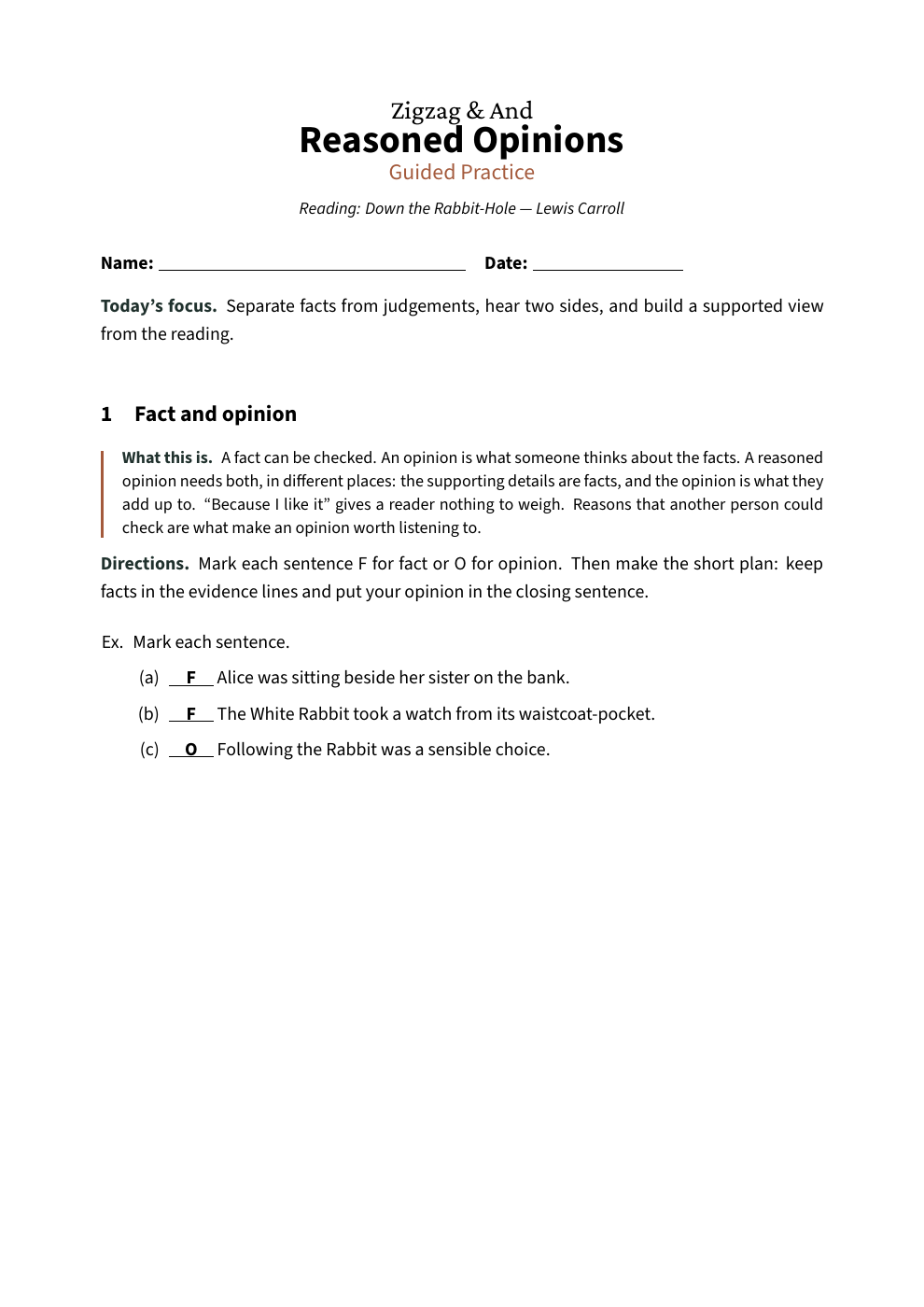 First answer page: Reasoned Opinions, Guided Practice