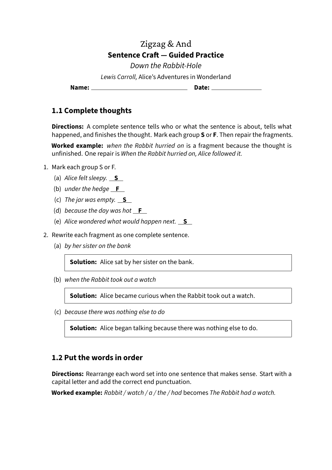 First answer page: Sentence Craft, Guided Practice
