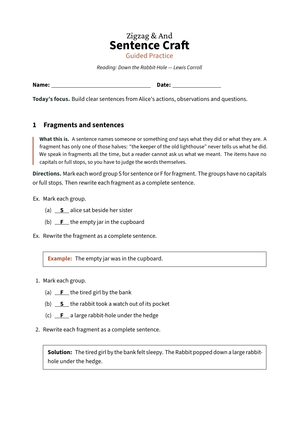 First answer page: Sentence Craft, Guided Practice